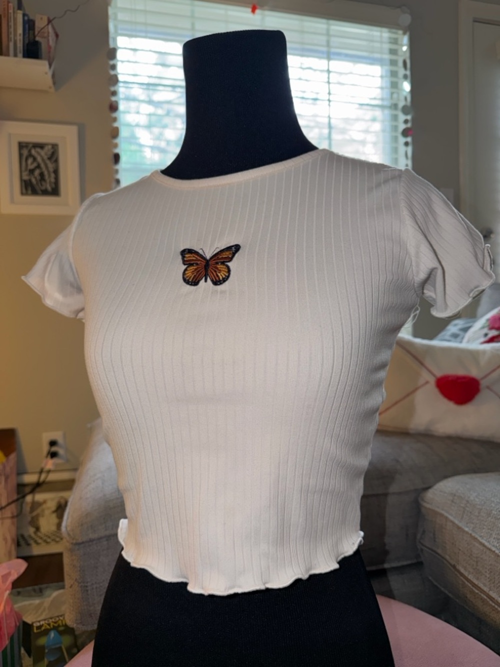 White Rib-Knit Butterfly Embroidered Crop Top Lettuce Hem